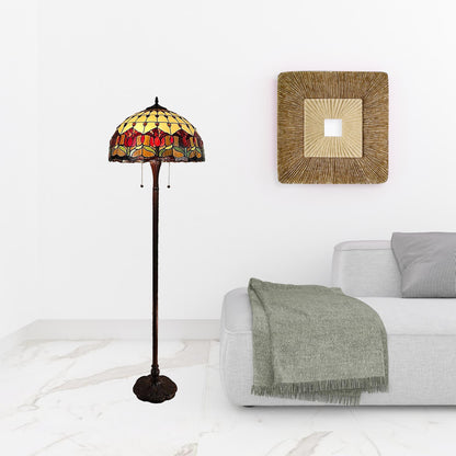 Brown 2-Light Floor Lamp w/ Red Flowers Stained Glass Shade