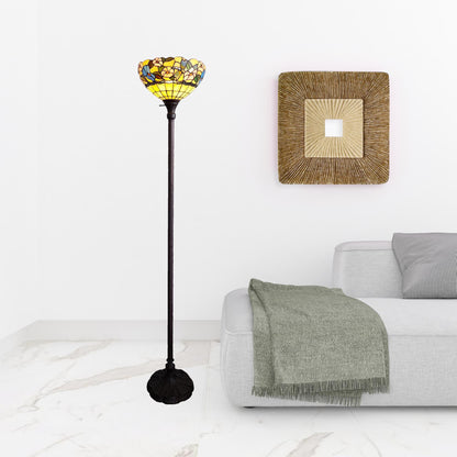 Brown Floor Lamp w/ Green & Brown Tiffany Glass Bowl Shade