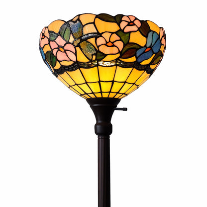 Brown Floor Lamp w/ Green & Brown Tiffany Glass Bowl Shade