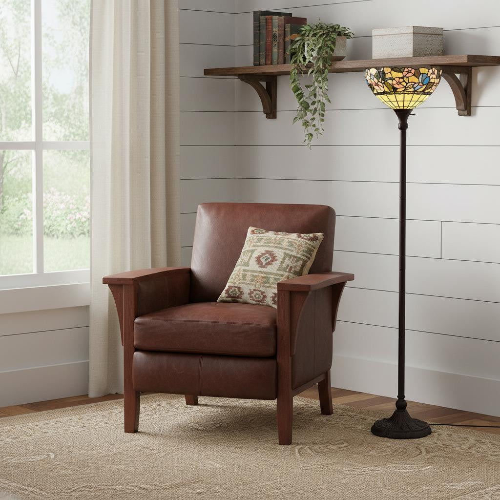 Brown Floor Lamp w/ Green & Brown Tiffany Glass Bowl Shade