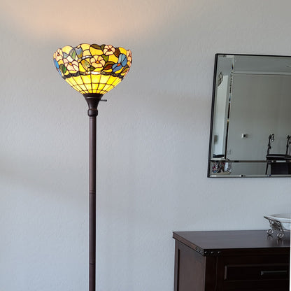 Brown Floor Lamp w/ Green & Brown Tiffany Glass Bowl Shade