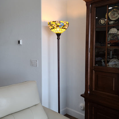 Brown Floor Lamp w/ Green & Brown Tiffany Glass Bowl Shade