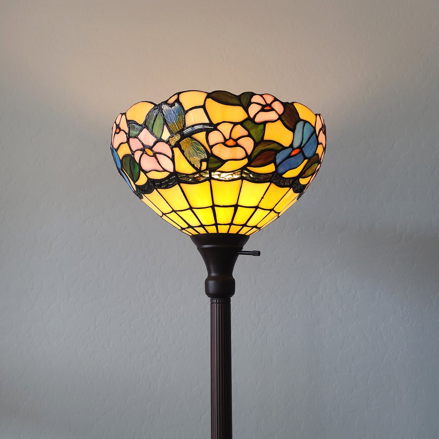 Brown Floor Lamp w/ Green & Brown Tiffany Glass Bowl Shade