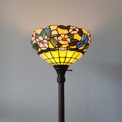 Brown Floor Lamp w/ Green & Brown Tiffany Glass Bowl Shade