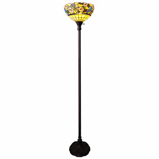 Brown Floor Lamp w/ Green & Brown Tiffany Glass Bowl Shade