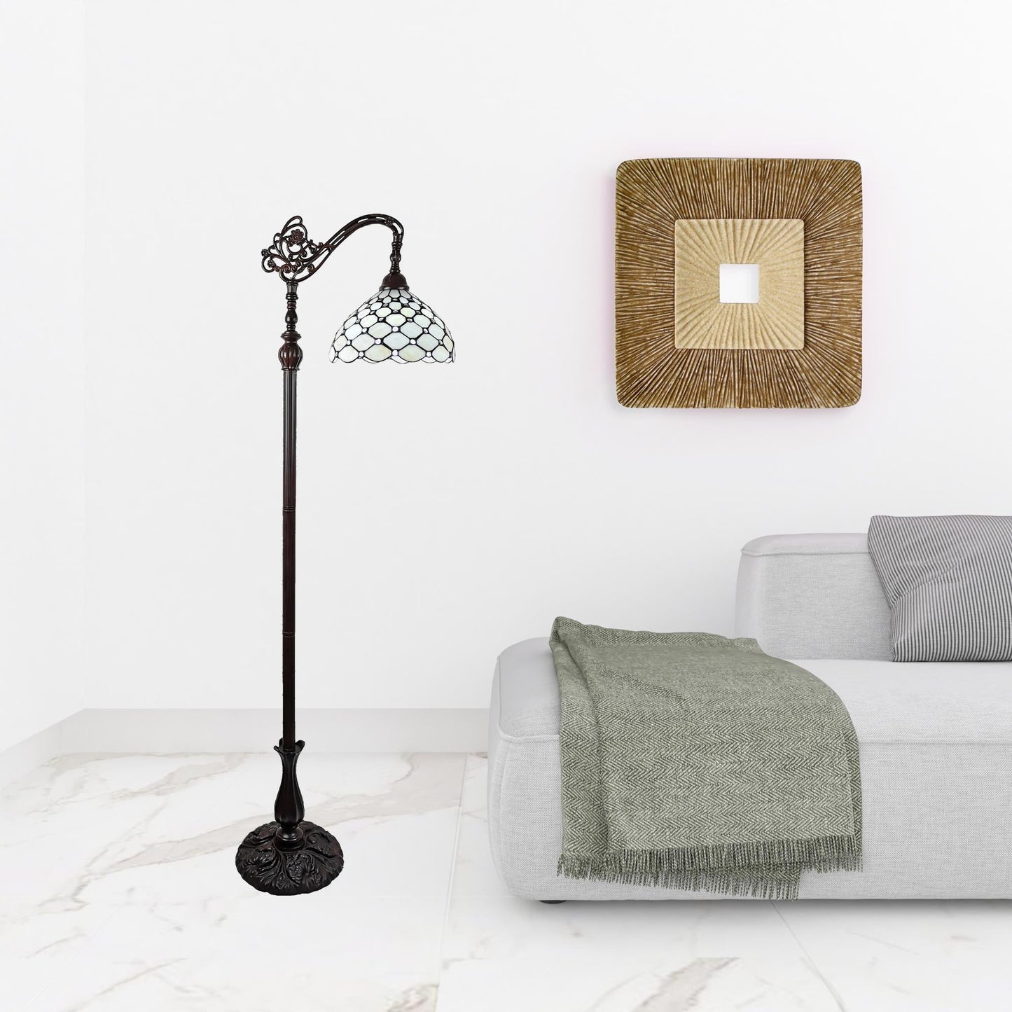 Brown Floor Lamp w/ White Stained Glass Bowl Shade