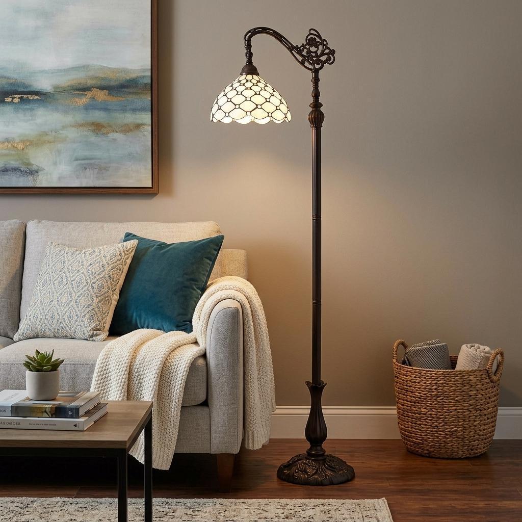 Brown Floor Lamp w/ White Stained Glass Bowl Shade