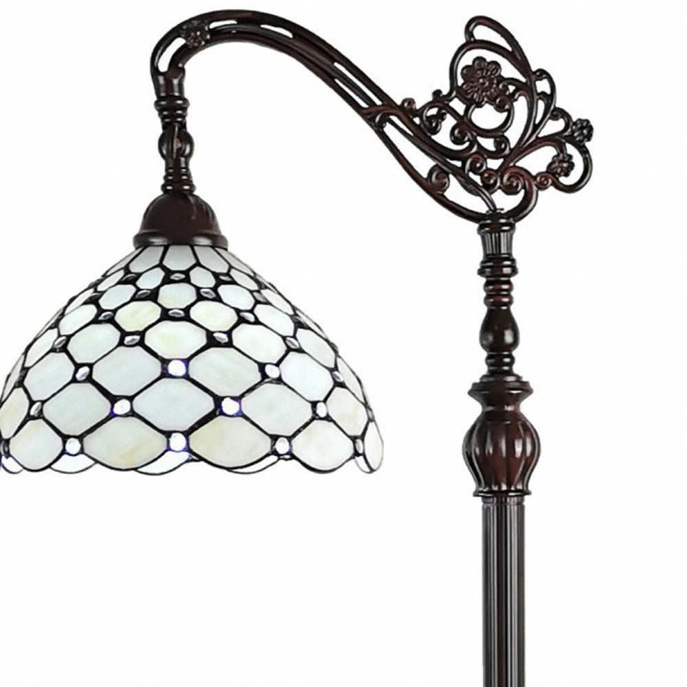 Brown Floor Lamp w/ White Stained Glass Bowl Shade