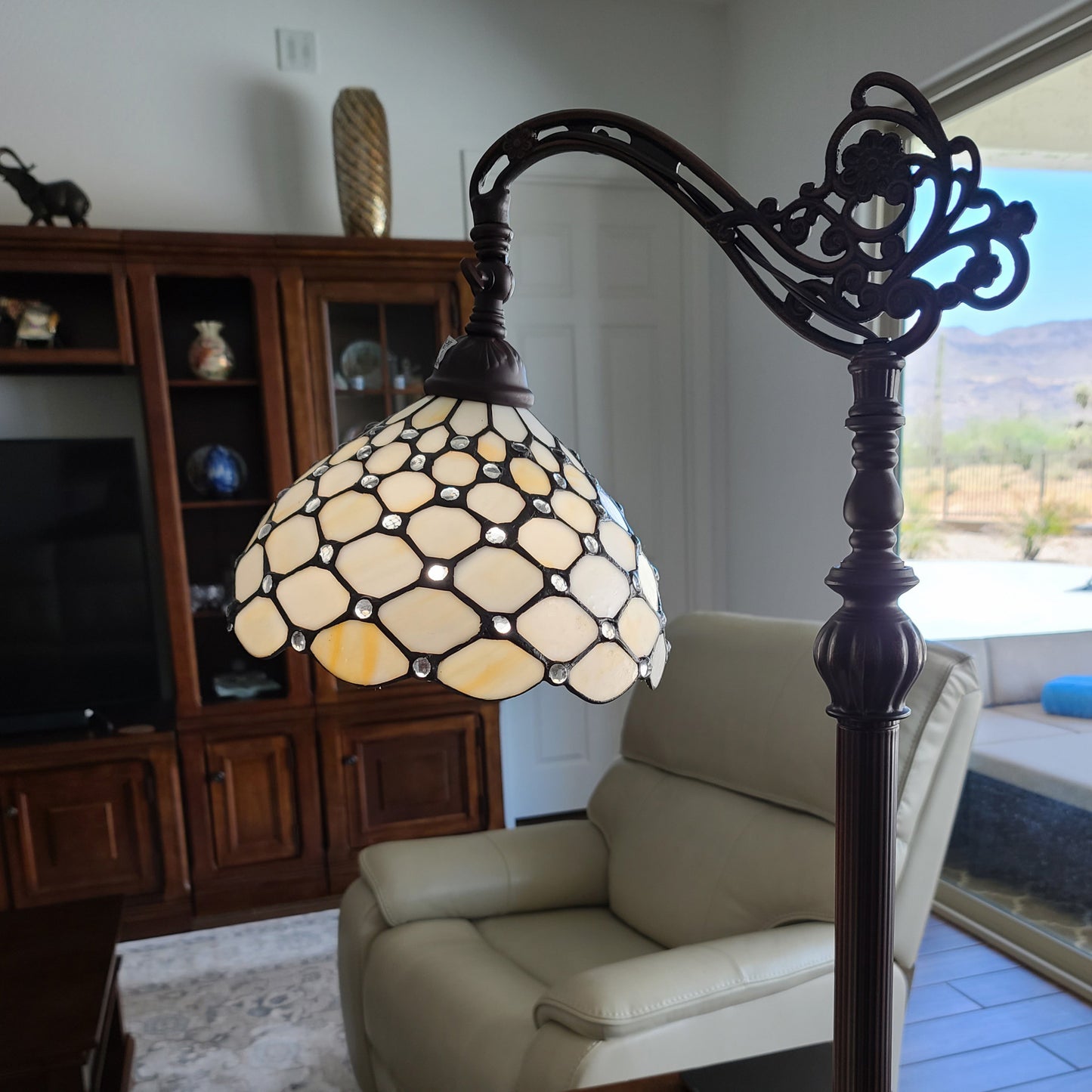 Brown Floor Lamp w/ White Stained Glass Bowl Shade