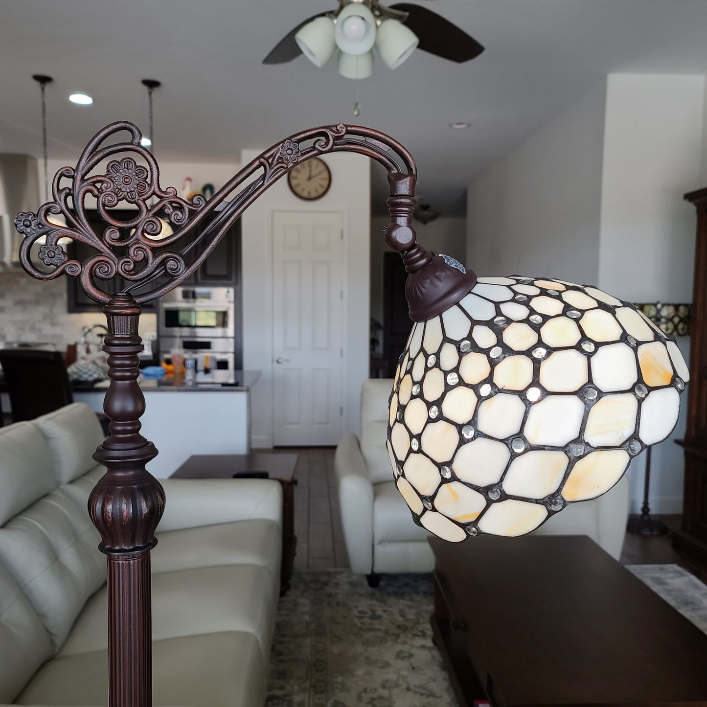 Brown Floor Lamp w/ White Stained Glass Bowl Shade
