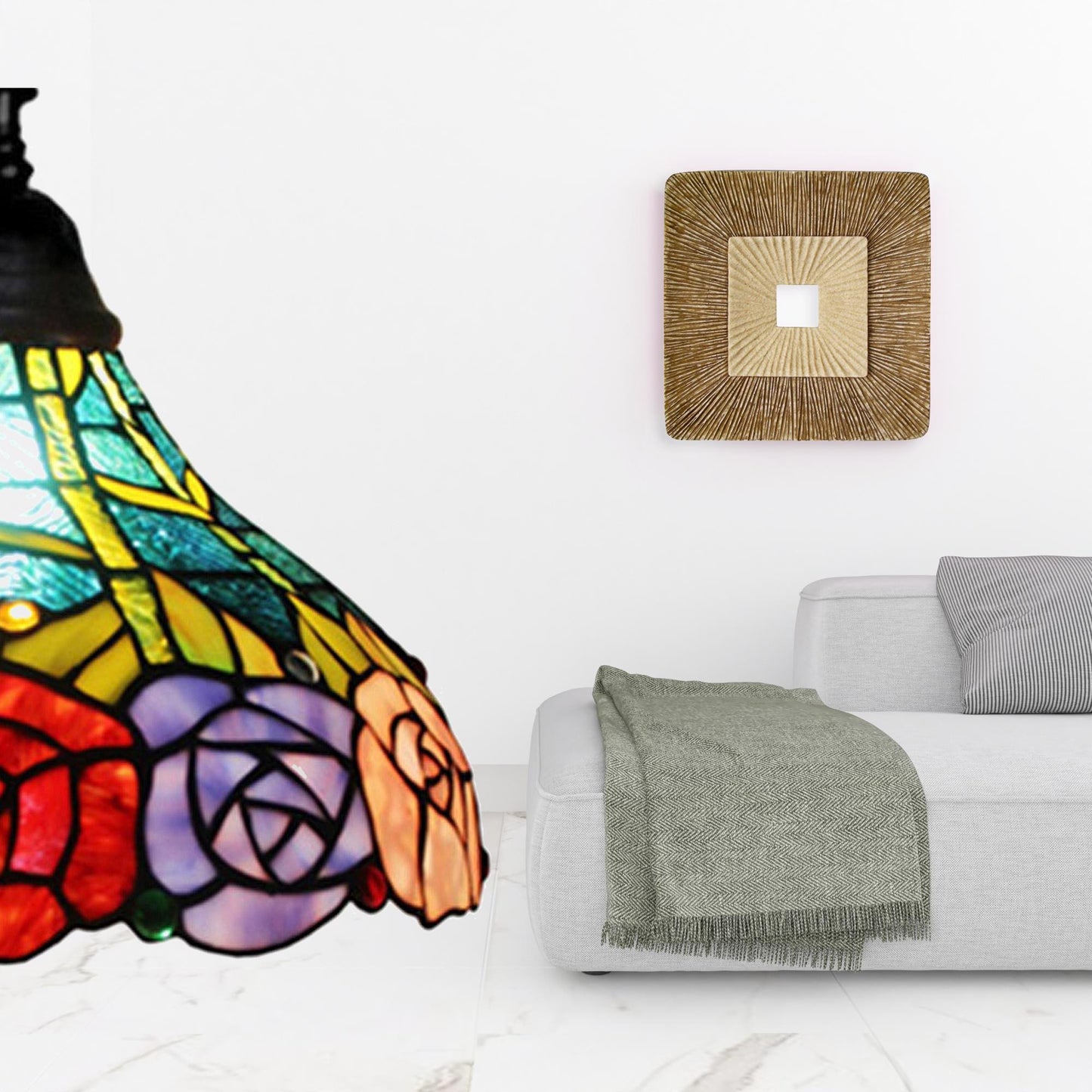 Brown Floor Lamp w/ Blue Red & Yellow Flowers Stained Glass Shade