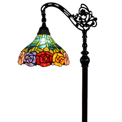 Brown Floor Lamp w/ Blue Red & Yellow Flowers Stained Glass Shade