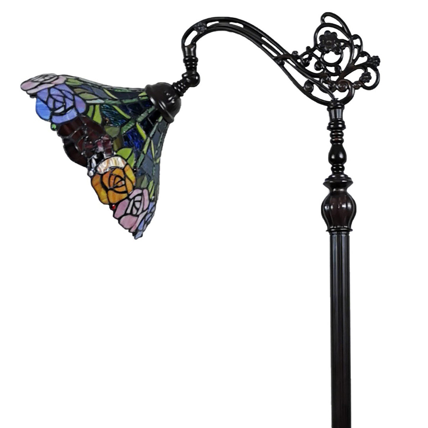 Brown Floor Lamp w/ Blue Red & Yellow Flowers Stained Glass Shade