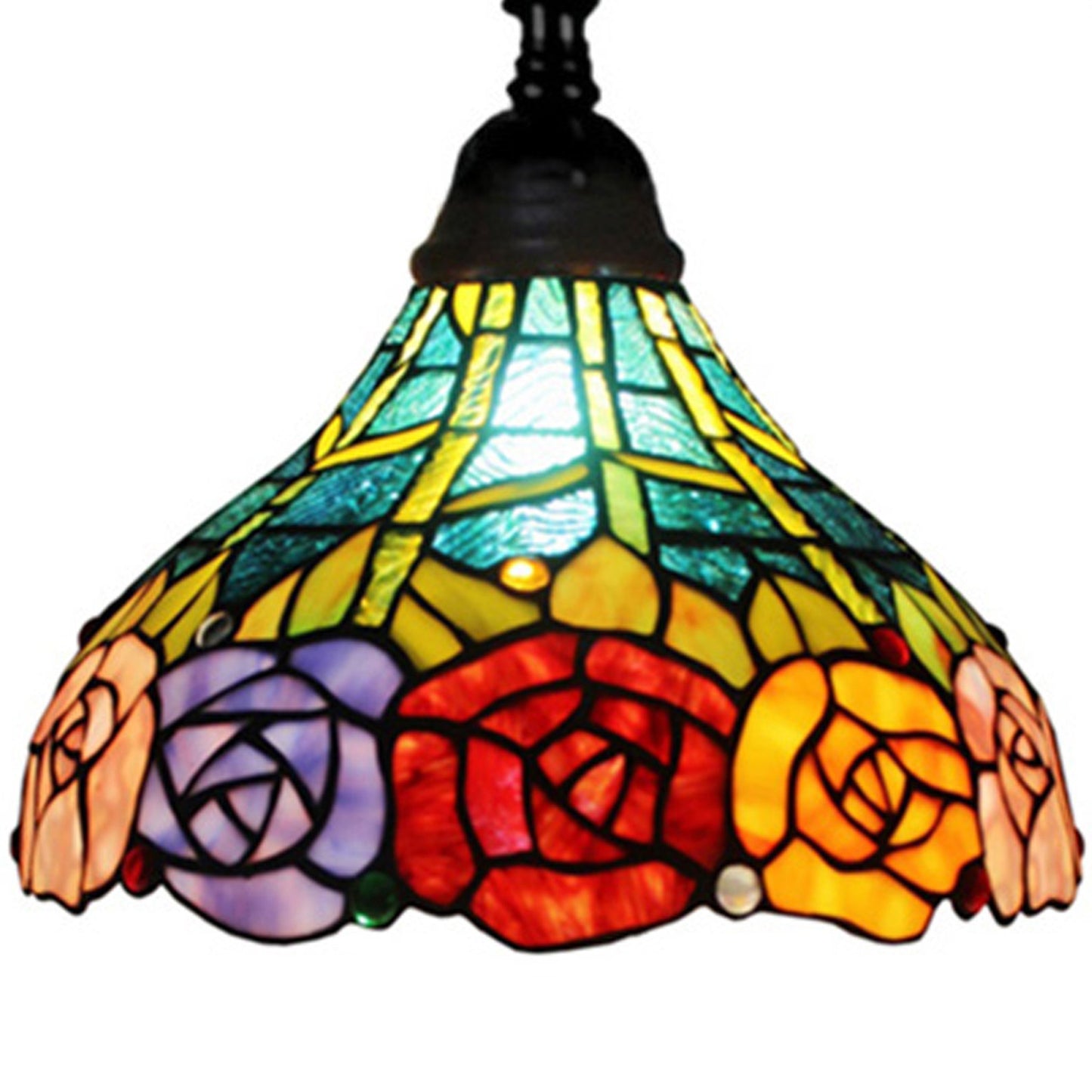Brown Floor Lamp w/ Blue Red & Yellow Flowers Stained Glass Shade