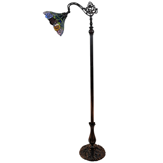 Brown Floor Lamp w/ Blue Red & Yellow Flowers Stained Glass Shade