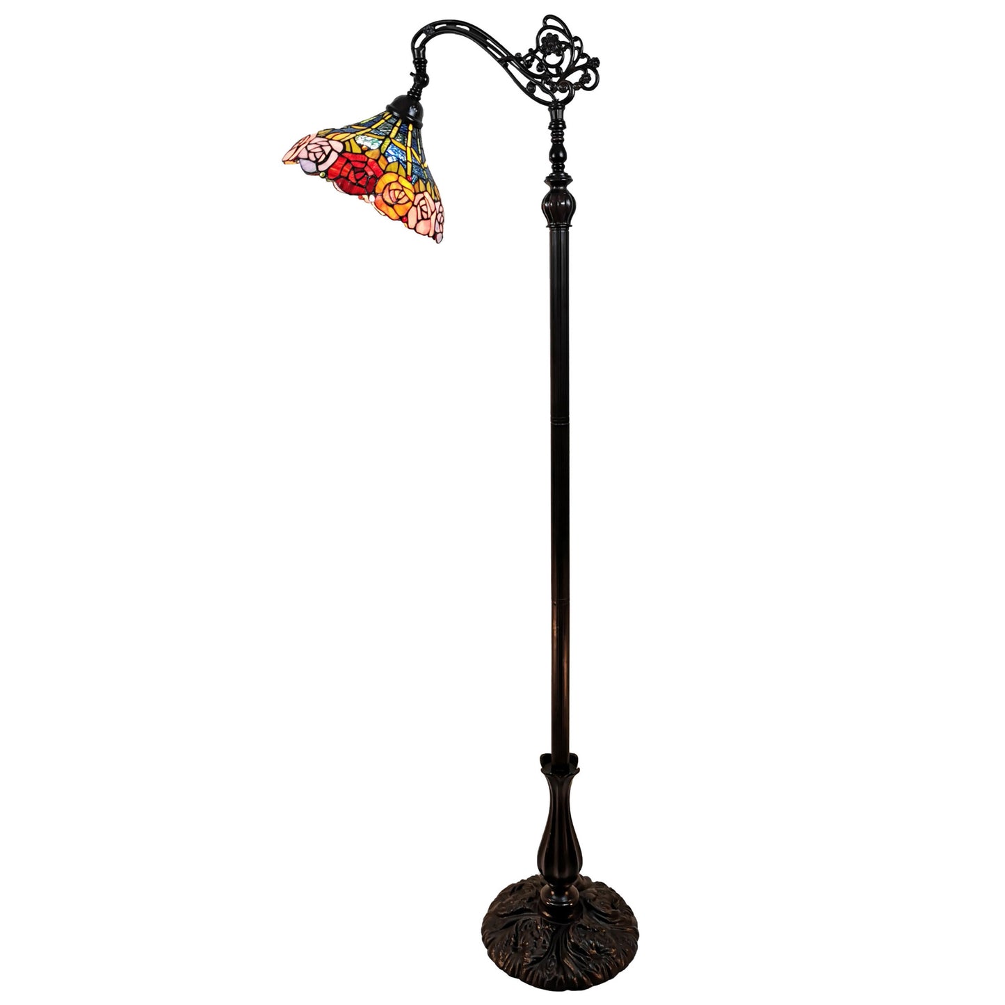 Brown Floor Lamp w/ Blue Red & Yellow Flowers Stained Glass Shade