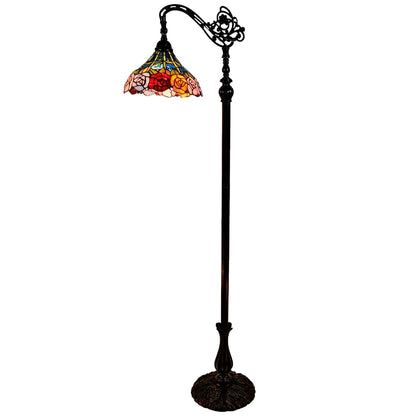 Brown Floor Lamp w/ Blue Red & Yellow Flowers Stained Glass Shade