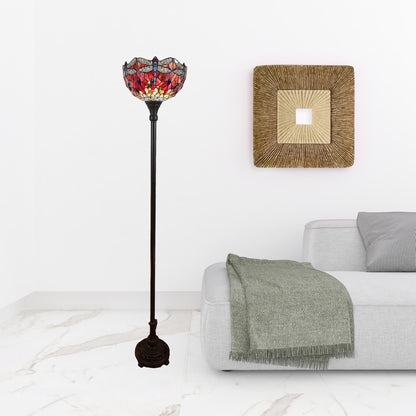 Brown Floor Lamp w/ Red Yellow & Brown Dragonfly Stained Glass Shade