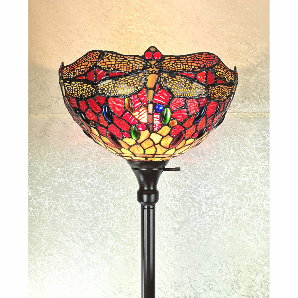 Brown Floor Lamp w/ Red Yellow & Brown Dragonfly Stained Glass Shade