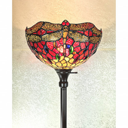 Brown Floor Lamp w/ Red Yellow & Brown Dragonfly Stained Glass Shade