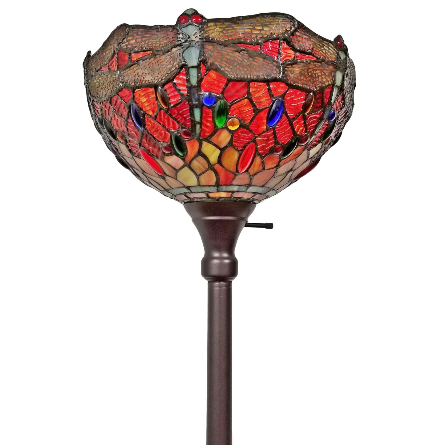 Brown Floor Lamp w/ Red Yellow & Brown Dragonfly Stained Glass Shade