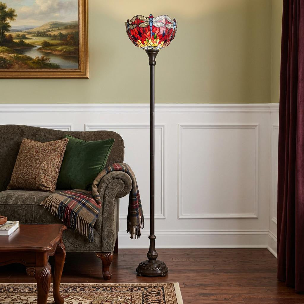 Brown Floor Lamp w/ Red Yellow & Brown Dragonfly Stained Glass Shade