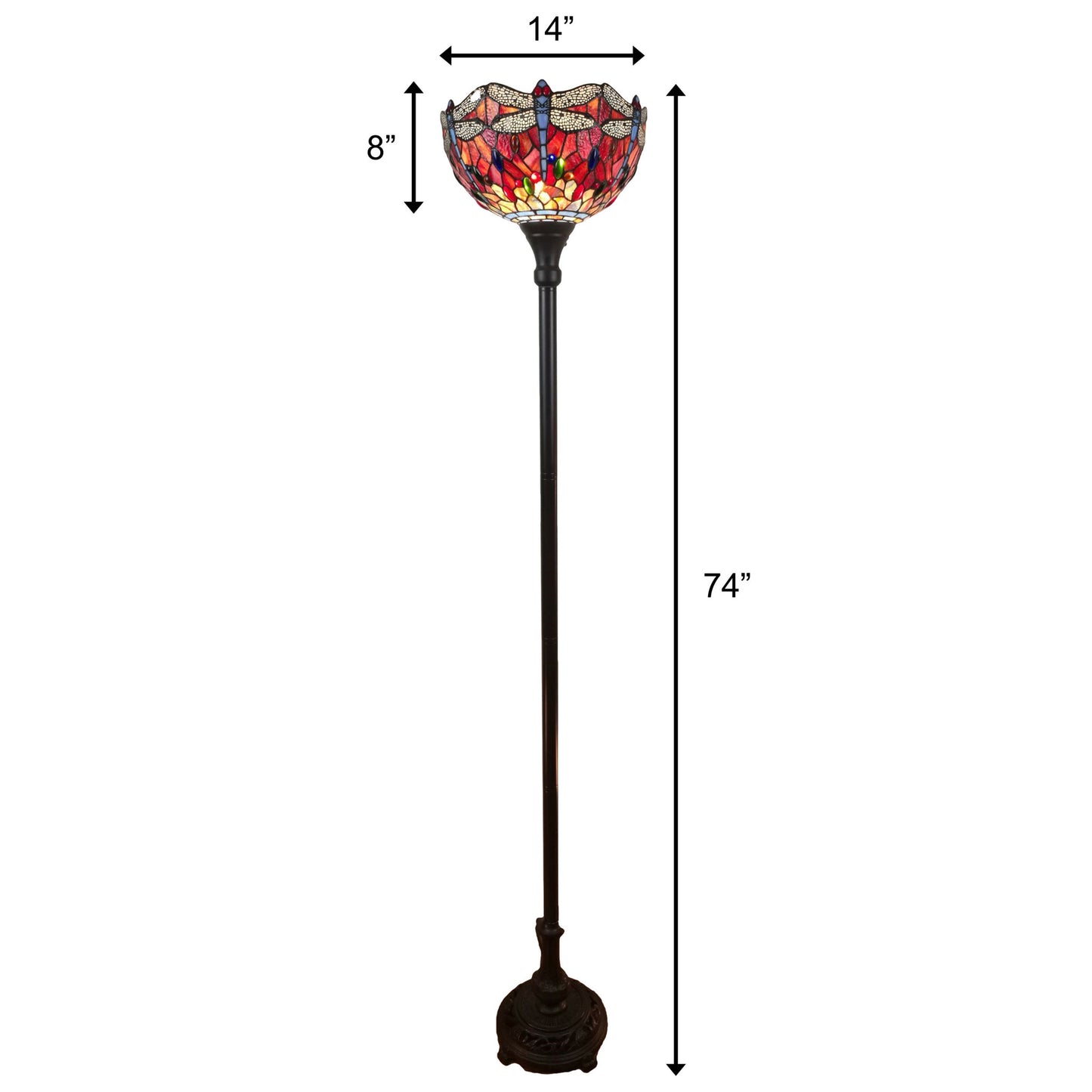 Brown Floor Lamp w/ Red Yellow & Brown Dragonfly Stained Glass Shade