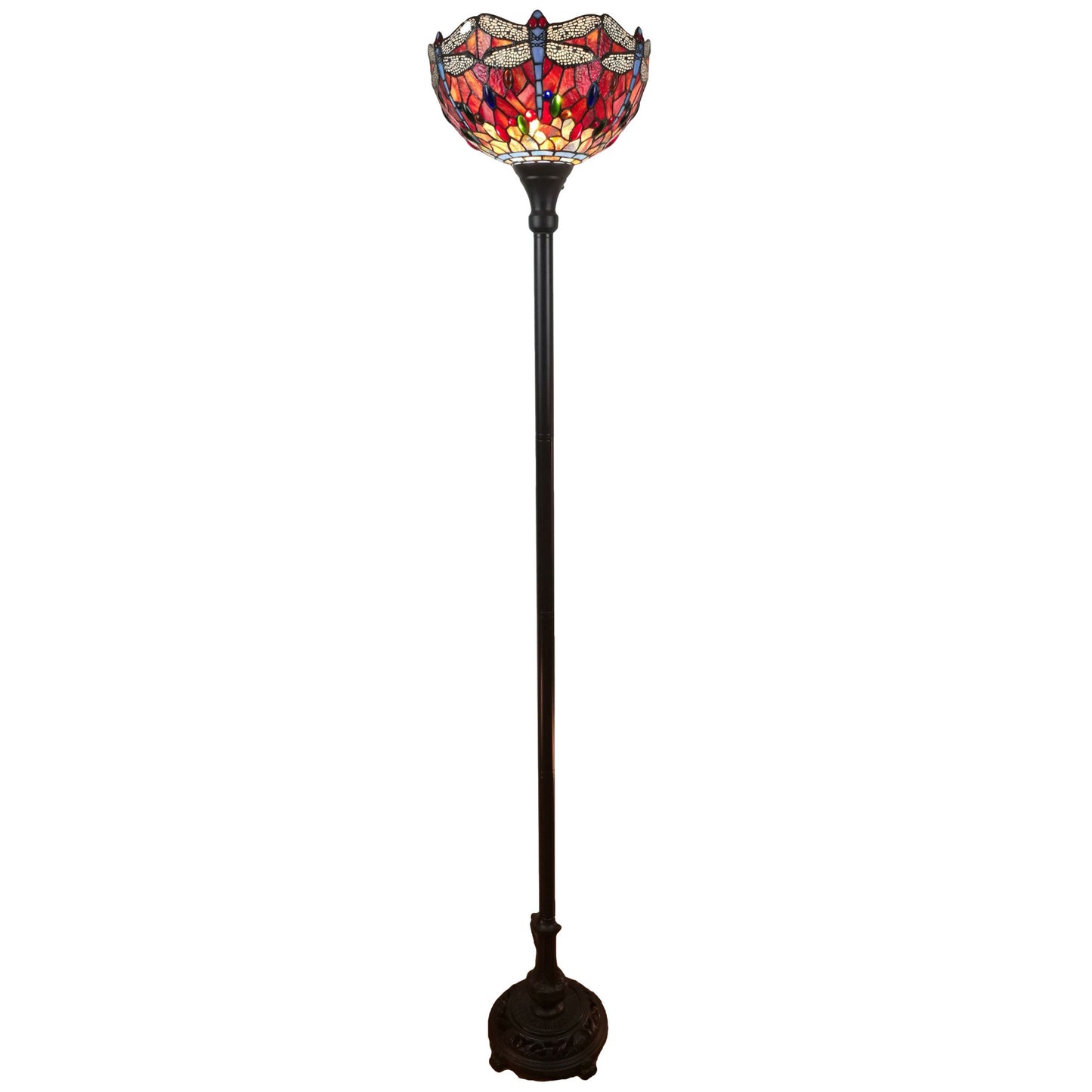 Brown Floor Lamp w/ Red Yellow & Brown Dragonfly Stained Glass Shade