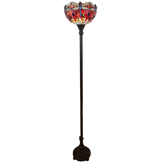 Brown Floor Lamp w/ Red Yellow & Brown Dragonfly Stained Glass Shade