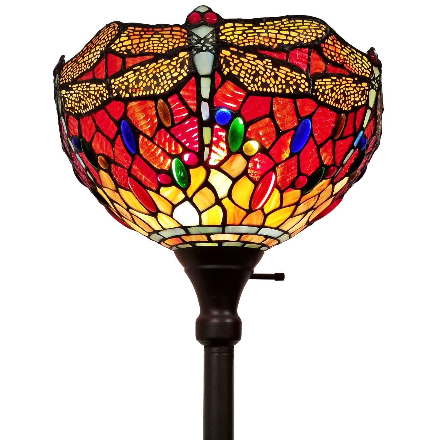 Brown Floor Lamp w/ Red Yellow & Brown Dragonfly Stained Glass Shade