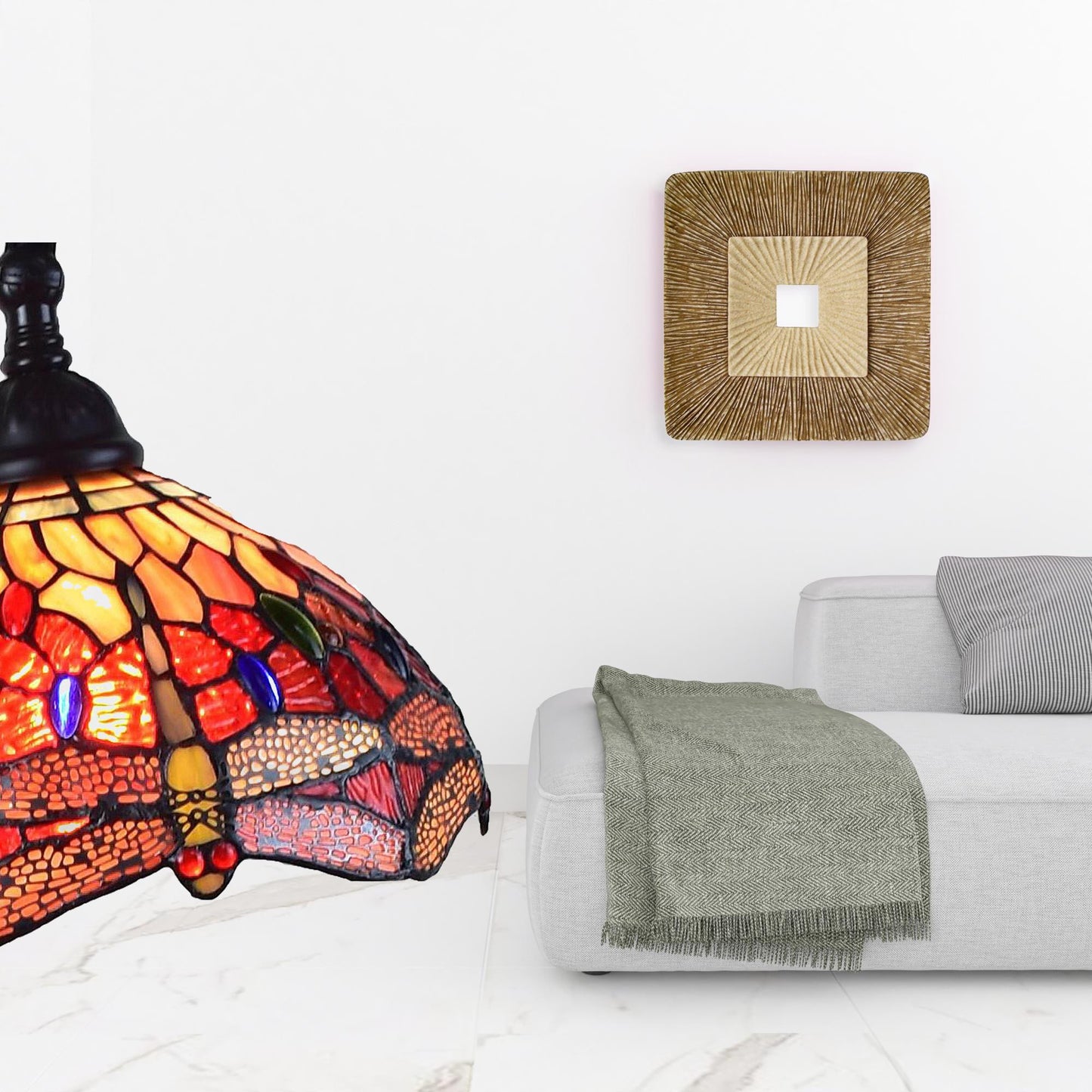 Brown Floor Lamp w/ Red Yellow & Brown Stained Glass Shade