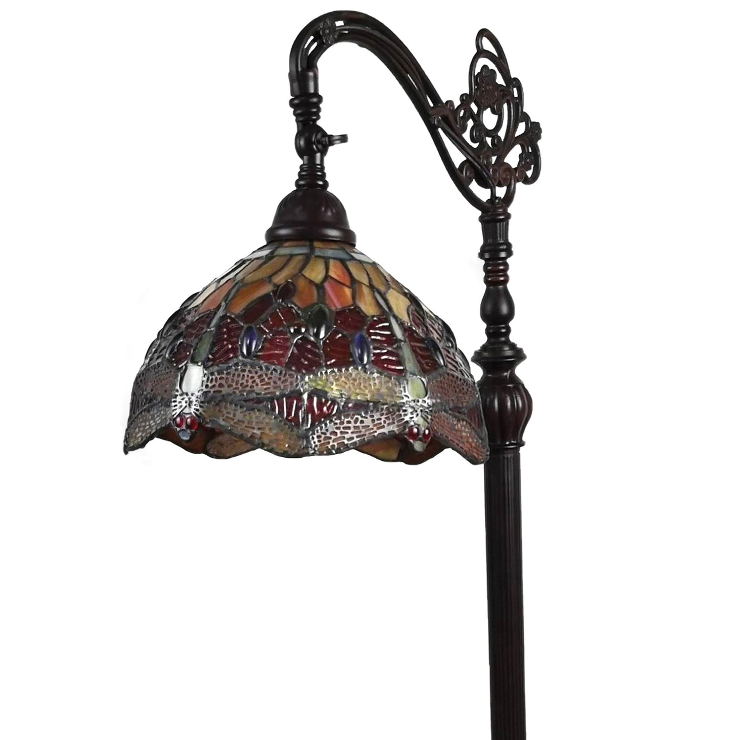 Brown Floor Lamp w/ Red Yellow & Brown Stained Glass Shade