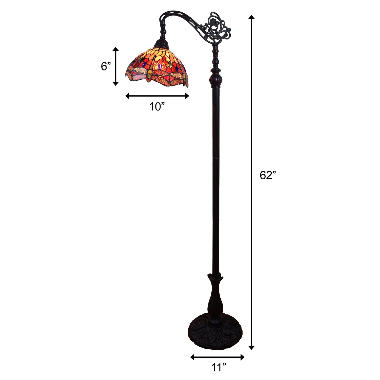 Brown Floor Lamp w/ Red Yellow & Brown Stained Glass Shade