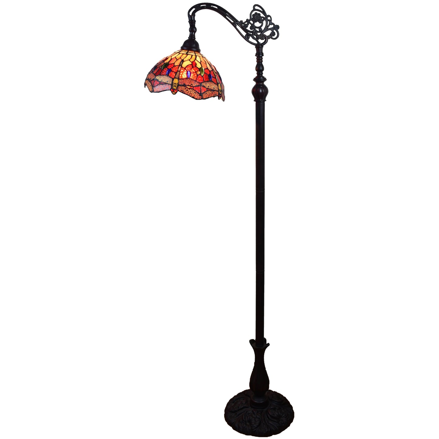 Brown Floor Lamp w/ Red Yellow & Brown Stained Glass Shade