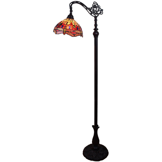 Brown Floor Lamp w/ Red Yellow & Brown Stained Glass Shade
