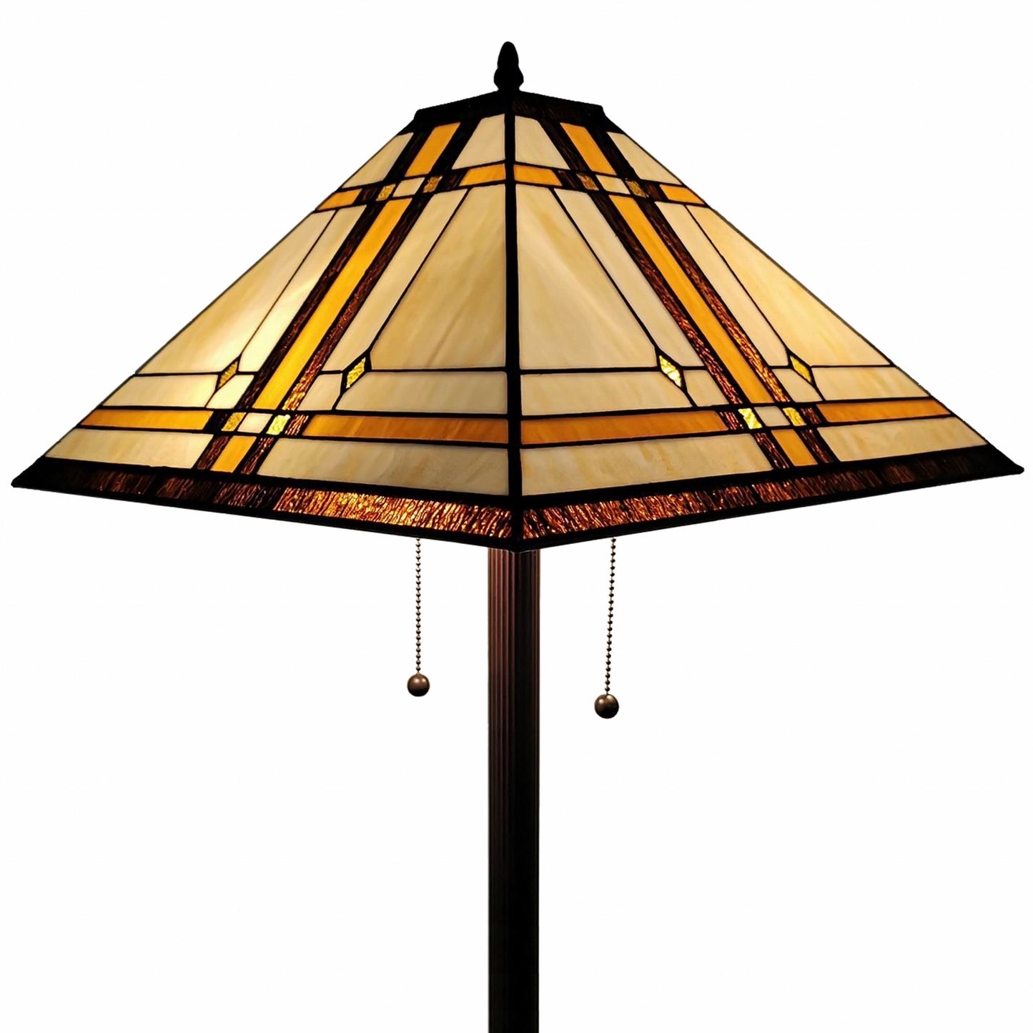 Brown Two Lights Floor Lamp w/ Brown & White Stained Glass Shade