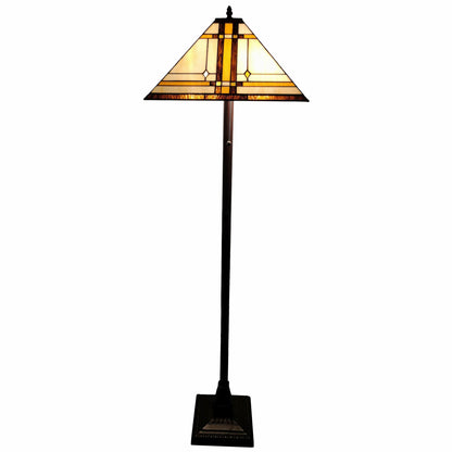 Brown Two Lights Floor Lamp w/ Brown & White Stained Glass Shade