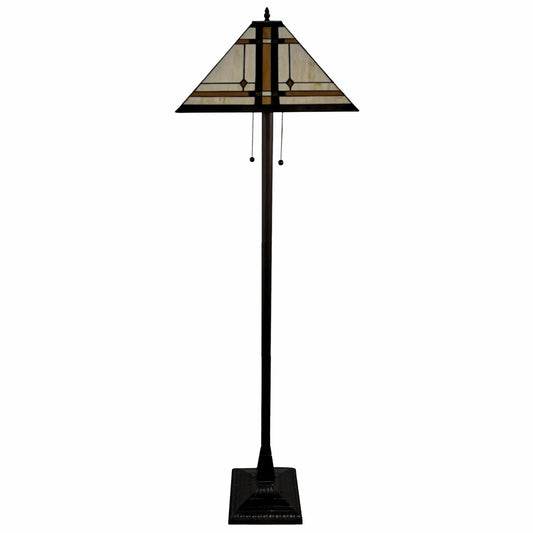 Brown Two Lights Floor Lamp w/ Brown & White Stained Glass Shade