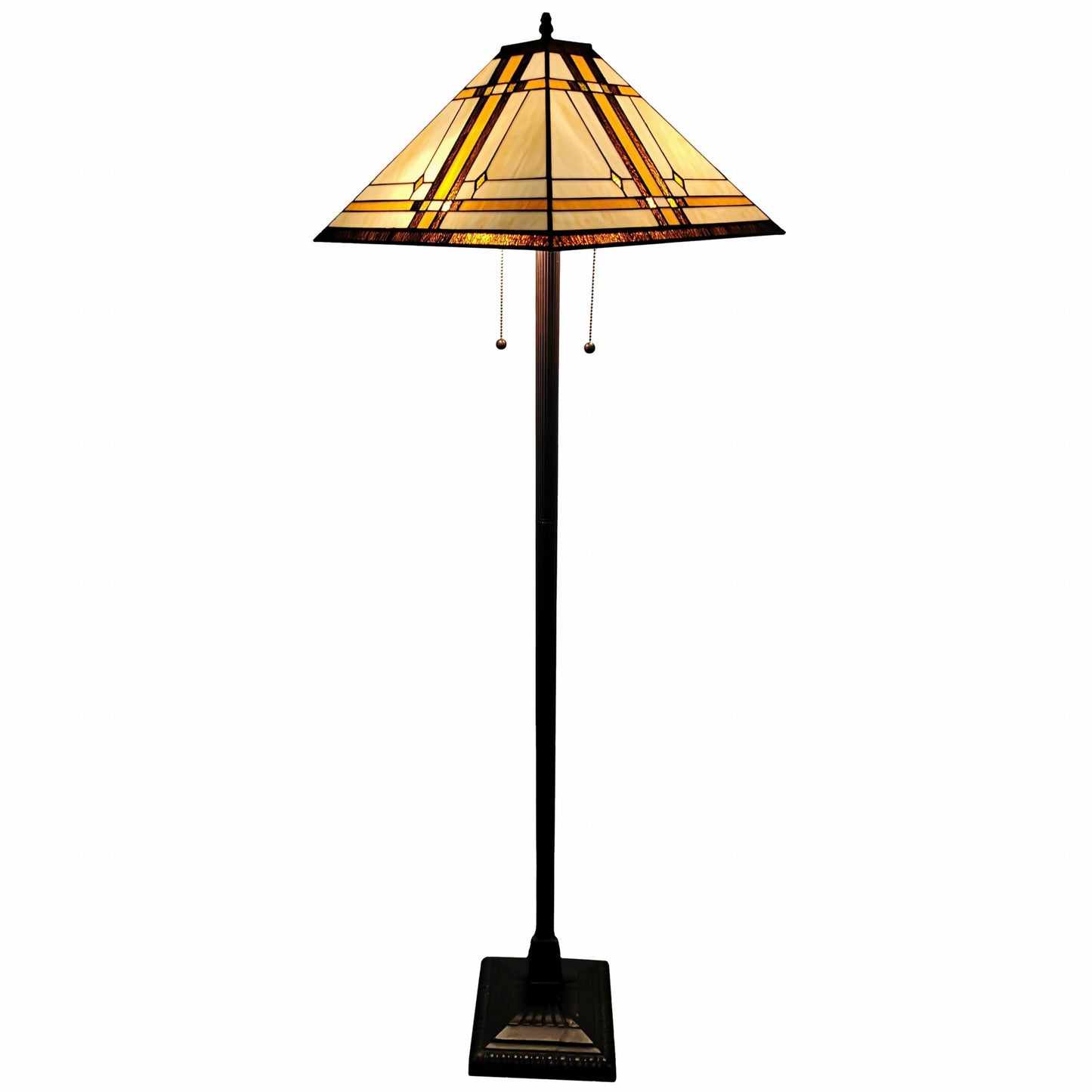 Brown Two Lights Floor Lamp w/ Brown & White Stained Glass Shade
