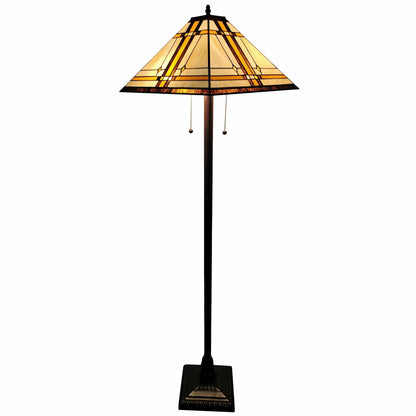 Brown Two Lights Floor Lamp w/ Brown & White Stained Glass Shade