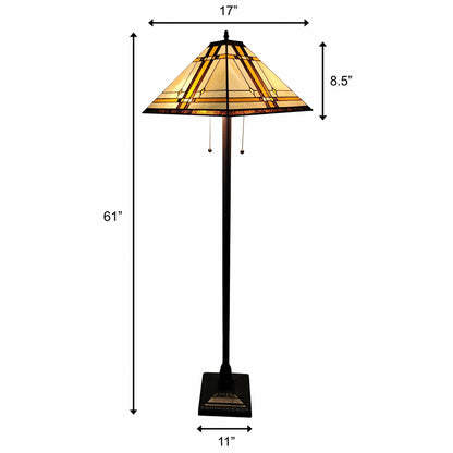 Brown Two Lights Floor Lamp w/ Brown & White Stained Glass Shade