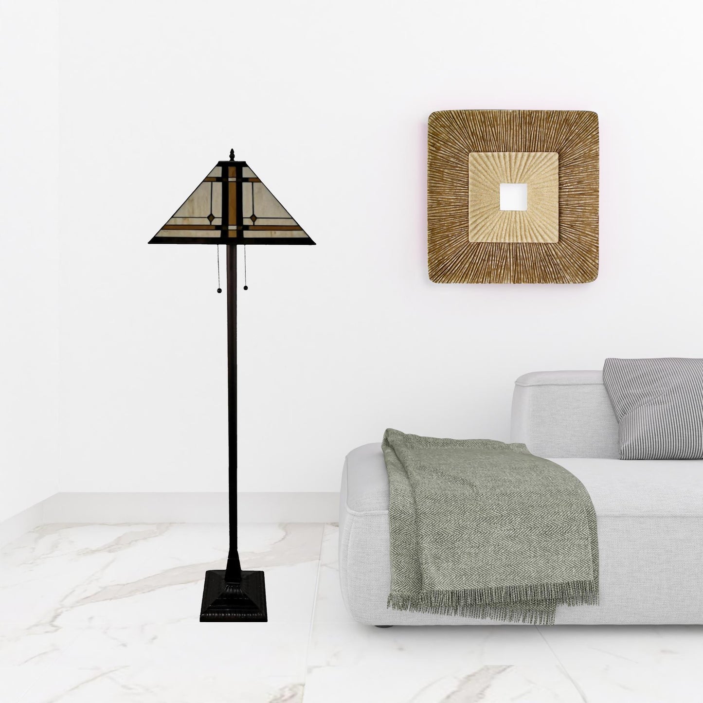 Brown Two Lights Floor Lamp w/ Brown & White Stained Glass Shade