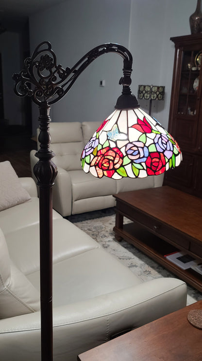 Brown Floor Lamp w/ White & Red Stained Glass Bowl Shade