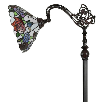 Brown Floor Lamp w/ White & Red Stained Glass Bowl Shade