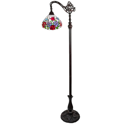 Brown Floor Lamp w/ White & Red Stained Glass Bowl Shade