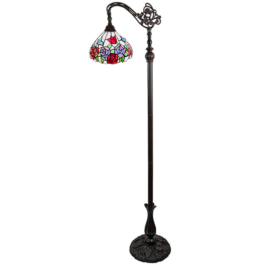 Brown Floor Lamp w/ White & Red Stained Glass Bowl Shade