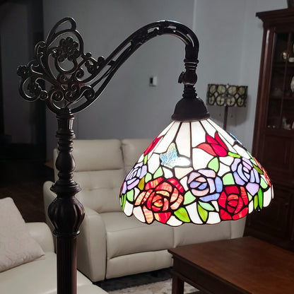 Brown Floor Lamp w/ White & Red Stained Glass Bowl Shade