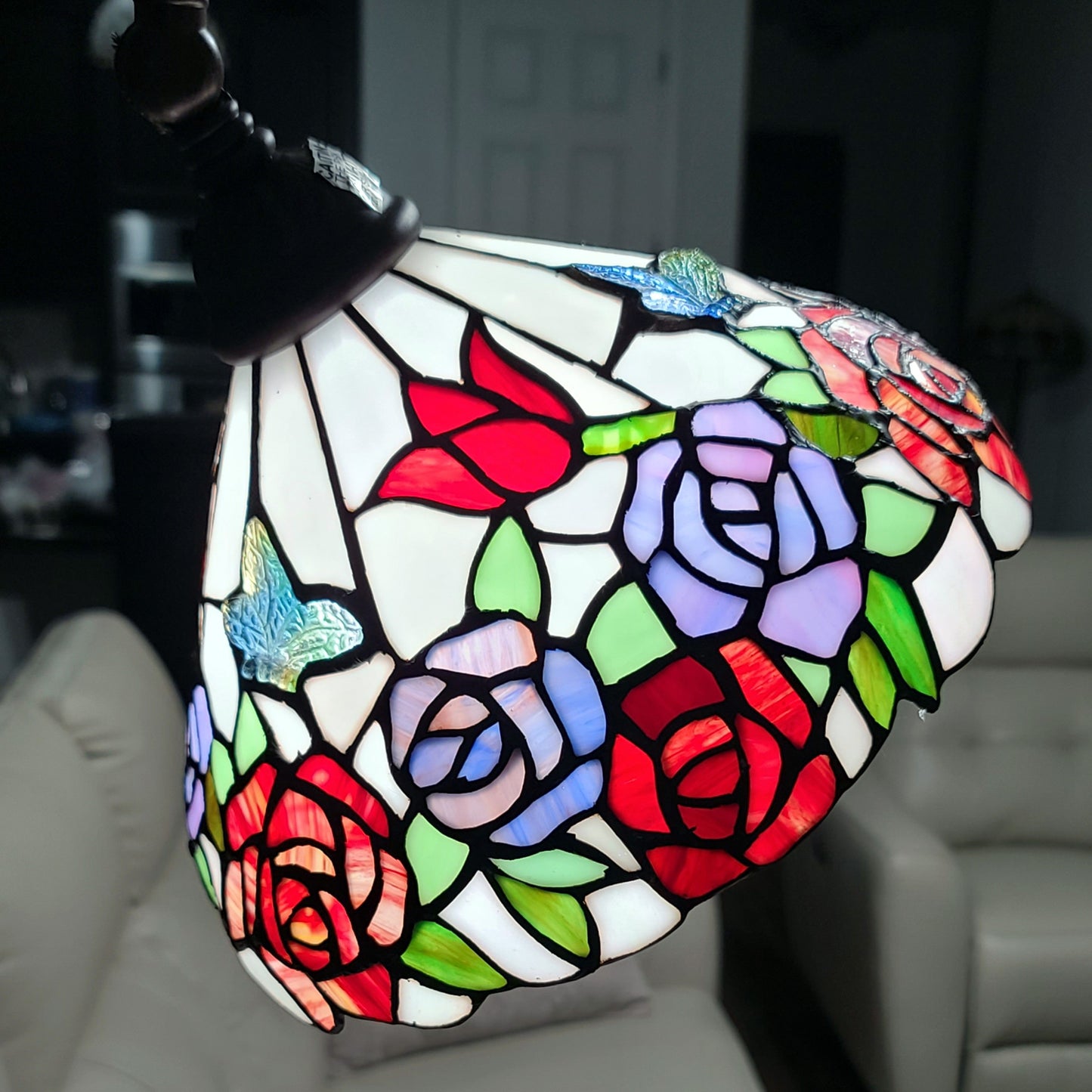 Brown Floor Lamp w/ White & Red Stained Glass Bowl Shade