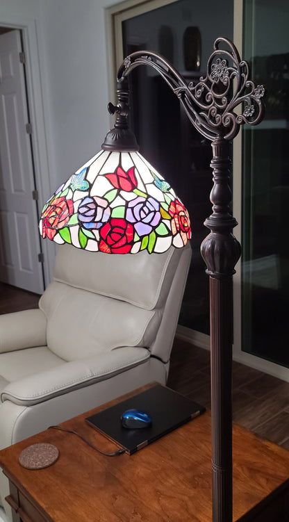 Brown Floor Lamp w/ White & Red Stained Glass Bowl Shade