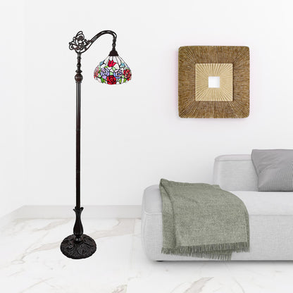 Brown Floor Lamp w/ White & Red Stained Glass Bowl Shade